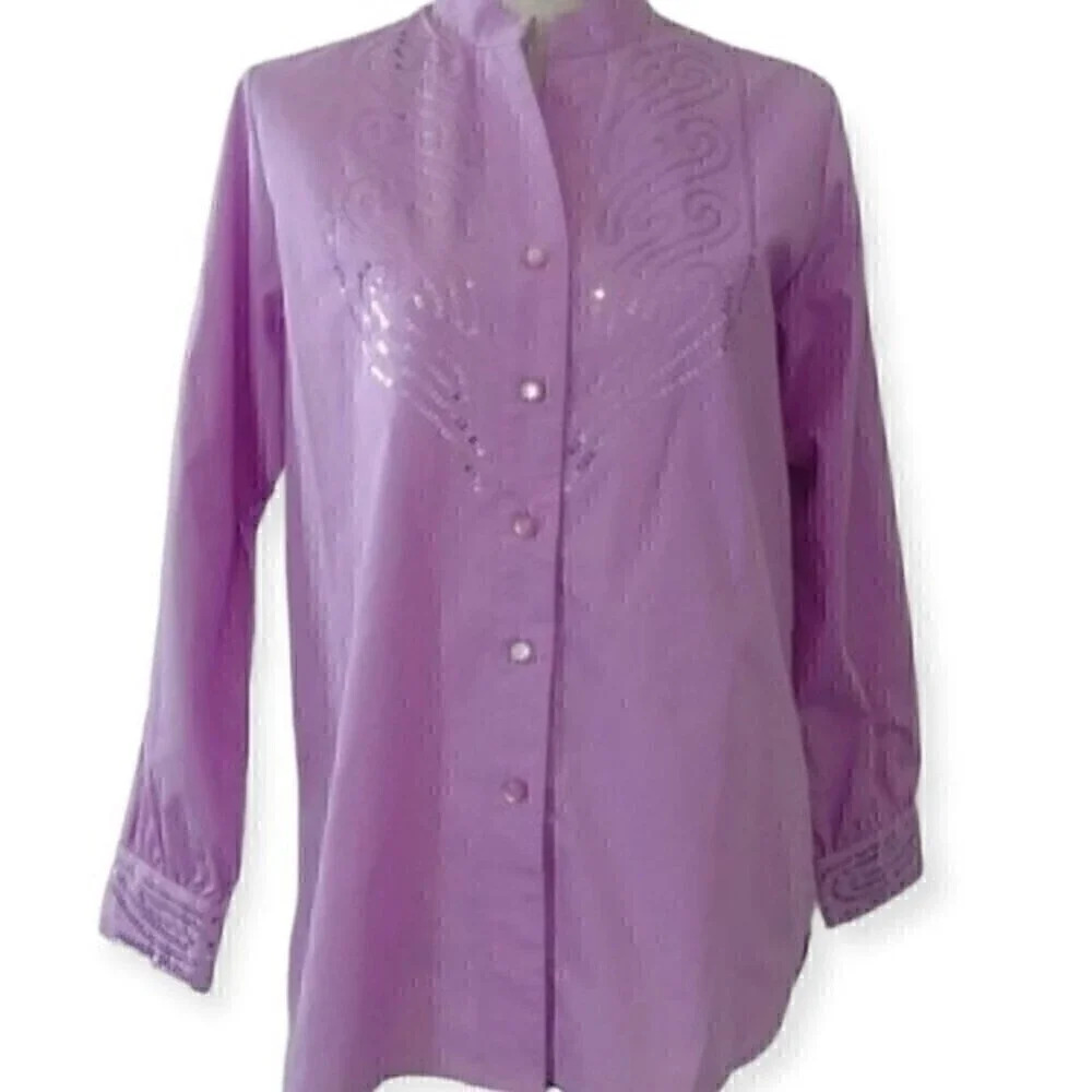 Bob Mackie Western Pink Purple Tone Sequin Button Down Business Casual Top